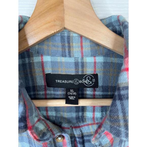 Treasure Bond Blue Plaid Button Up Flannel Shirt Two Pockets Girls XL 14/16 - Picture 8 of 11